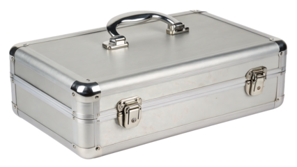  silver-metal-briefcase-closed-with-chrome-handle isolated on white background,  png, ai generated