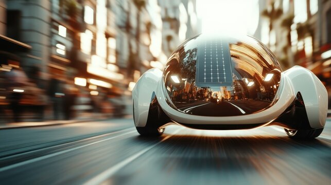 The sleek, modern design of this innovative solar-powered car drives along a lively urban street, showcasing the future of transportation and sustainable technology in action.