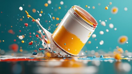 An explosion of colorful paint splashing from a can, symbolizing creativity and artistic expression, capturing the energy and vibrancy of the art-making process.