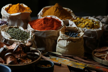 Colorful selection of dried herbs, spices, and natural ingredients in paper bags on rustic market...
