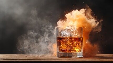 An intense image of whiskey served over ice, set against an explosive backdrop, symbolizing the bold character and warmth of spirits in a striking composition.