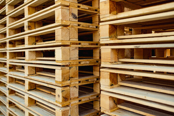 Organized stack of wooden pallets, creating a rhythmic pattern of lines and gaps, all suggesting readiness for heavy-duty transport, storage, or industrial use.