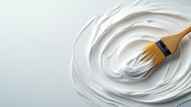 A serene image showcasing smooth white paint swirled beautifully on canvas, with a brush indicating the artistry and craftsmanship in the creative process of painting.