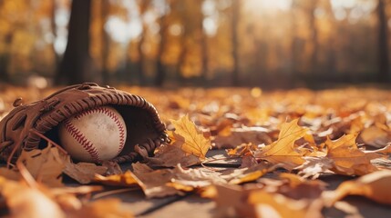 This captivating autumn scene displays a baseball nestled in a glove on a bed of golden leaves, symbolizing the end of the season and the joy of outdoor sports in nature.