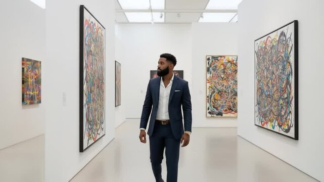 A dapper Black man walks through an art gallery, enjoying the abstract paintings.