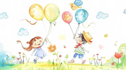 Obraz premium Whimsical Watercolor Wonders: Playful Children's Cartoon Illustrations in Dreamy Watercolor Style – Floating Unicorns, Giggle-Inducing Animal Friends, Magical Rainbow Forests, and Soft Pastel Landscap