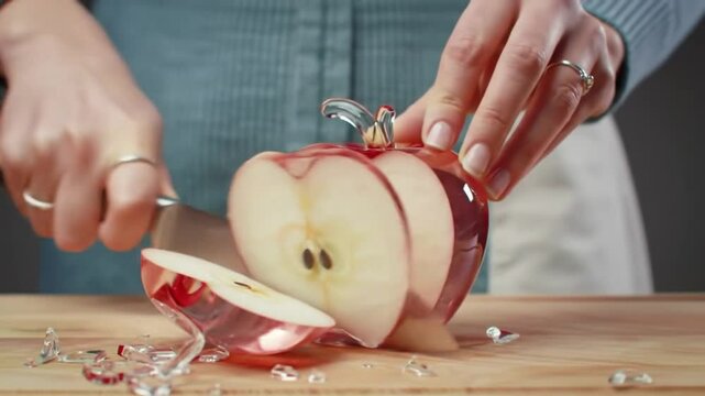 A knife cuts a red glass apple, creating a unique and artistic still life.