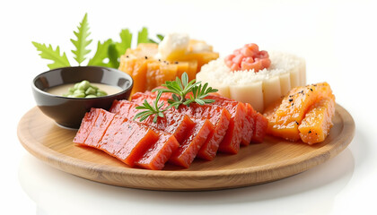 Serving of Prepared Dishes on Round Wooden Plate
