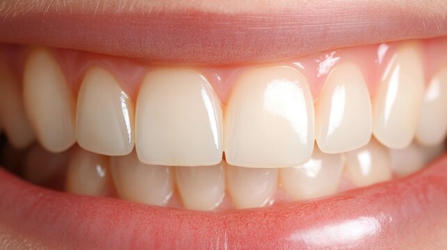 A close-up image of a mouth displaying a bright, healthy smile showcasing perfectly aligned white teeth with soft pink gums, embodying confidence and happiness.