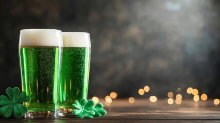 Two glasses filled with vibrant green beer sit on a rustic wooden table, celebrating St. Patrick's Day, embellished with shamrock decorations against a colorful backdrop.
