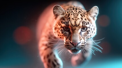 A stunning close-up of a leopard leaping forward, capturing its intense expression and unique spotted pattern amidst a dramatic, colorful backdrop that evokes energy.