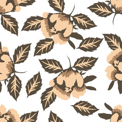 Artistic simple branches flowers peonies, dahlia and buds with leaves seamless pattern. Vector hand drawn. Retro, vintage, pastel print. Template for design, fabric, fashion, wallpaper, textile
