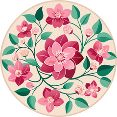 Flower vector illustration featuring pink blossoms in a circular arrangement showcasing floral design. Modern botanical poster.