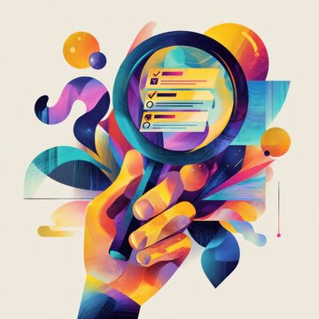 Mano sosteniendo una lupa enfocada en el icono de lista de verificaci&Atilde;&sup3;n digital