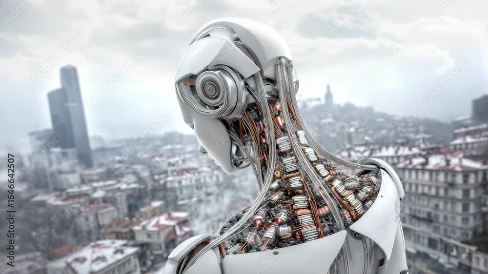 Poster A modern humanoid robot with complex mechanical parts looks down on a cityscape; metallic surface and elegant design; cloudy sky surrounded by buildings adds depth to the scene.
