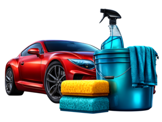Full vehicle washing set including sponge, spray bottle, bucket, and microfiber cloth, neatly laid out in flat style, car care theme, transparent to transparent background