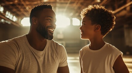 A joyful father and son share smiles and laughter in a sunlit gym, embodying the bond of family and the love between parent and child in a playful moment together.