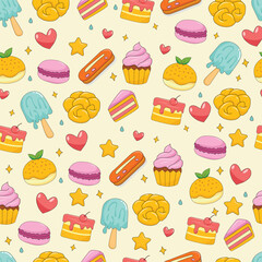 seamless pattern with desserts, ice cream, cakes on a light background