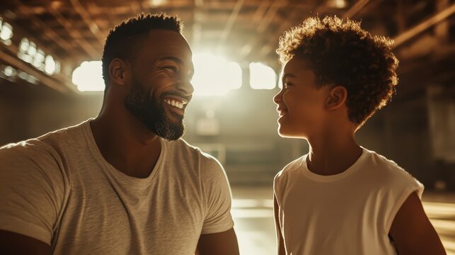 A joyful father and son share smiles and laughter in a sunlit gym, embodying the bond of family and the love between parent and child in a playful moment together.