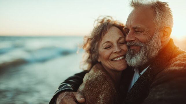 A sweet couple embraces warmly by the shore, surrounded by the soft glow of sunset near the ocean, capturing a heartfelt moment of love and companionship in nature.