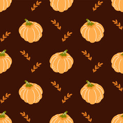 Seamless vector pattern with pumpkins, autumn leaves, and fall foliage. Cozy design for textiles, wrapping paper, and childrens clothing