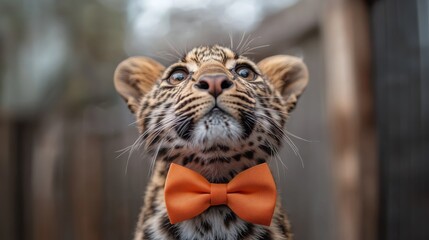 Obraz premium A charming portrait of a leopard cub wearing an orange bow tie captures innocence and playfulness in a delightful and heartwarming way, invoking smiles and admiration.