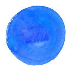 Round blue watercolor frame, circle shape form isolated on white background. Handmade technique