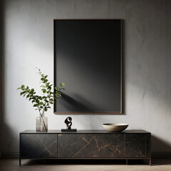 Modern minimalist living room with dark marble sideboard and empty framed artwork casting dramatic shadows