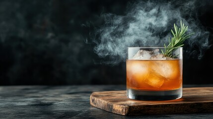 An elegant cocktail glass with a smoky drink, garnished with herbs, captures the essence of sophistication and creativity in mixology for cocktail lovers.