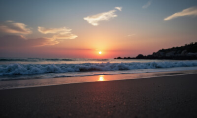 A Tranquil Beach Scene but the Sun is a Distant Glowing Ringed Planet