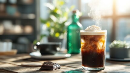 A glass of iced coffee topped with whipped cream and a hint of steam, set against a sunny ambiance, perfect for a refreshing break or a stylish café moment.