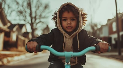 A young child with curly hair rides a bicycle down a sunlit street, showcasing the joy and freedom of childhood against a backdrop of suburban homes.