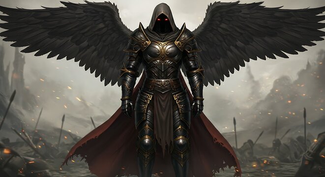 Dark angel warrior amid battlefield