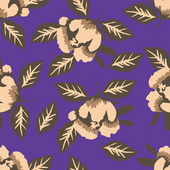 Artistic simple branches flowers peonies, dahlia and buds with leaves seamless pattern. Vector hand drawn. Retro, vintage, pastel print. Template for design, fabric, fashion, wallpaper, textile
