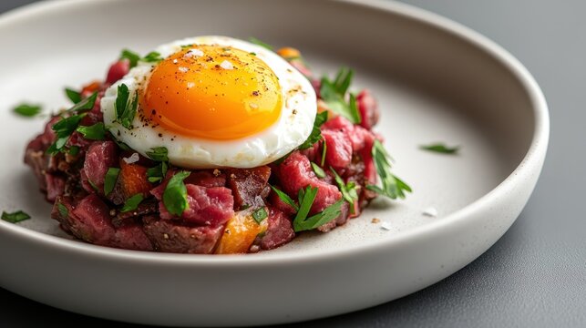 This gourmet plate features a classic steak tartare topped with a perfectly poached egg and fresh herbs, highlighting an exquisite culinary presentation for food enthusiasts.
