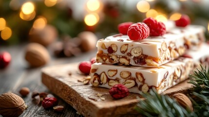Decadent nut bars stacked on a wooden board, topped with fresh raspberries, evoke feelings of warmth, comfort, and festive cheer, ideal for sweet indulgence during celebrations.