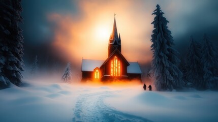 Fototapeta premium A captivating, snow-blanketed church emerges from a mystical landscape as sunlight breaks through clouds, creating an enchanting atmosphere, radiating warmth and spirituality.
