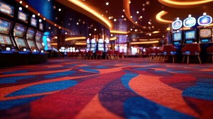 A captivating view of a bustling casino interior filled with colorful slot machines and vibrant lights, creating an exciting atmosphere of entertainment and thrill.