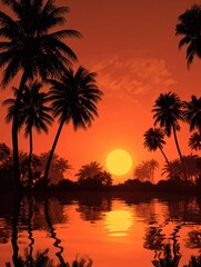 Obraz premium Silhouette of palm trees at tropical sunrise or sunset