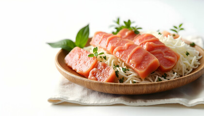 Serving Diced Fish on Noodles with Herb Garnish on White