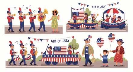 Naklejka premium 4th of July festival with food stalls and decorations – American patriotic event illustration.