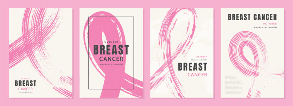Set of Breast Cancer Awareness Month October poster designs with pink ribbon symbol in brush stroke style, minimalistic graphic layouts for health campaigns, medical support, prevention, and