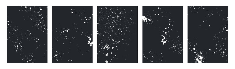 Set of abstract grunge paint splatter textures with white dots and spots on dark background for creative design backdrops and social media stories. Vector illustration