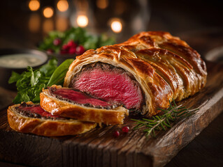 Slices of medium-rare Beef Wellington on a rustic wooden board, styled with herbs and spices against a dark, elegant background.