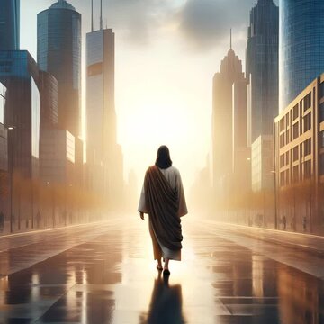 A symbolic and thought-provoking scene showing Jesus walking alone through a contemporary city street, seen from behind. The image merges timeless spirituality with today&rsquo;s urban life.