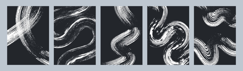 Set of abstract dynamic white brush stroke textures on dark backgrounds for modern design backdrops and social media story templates. Vector illustration