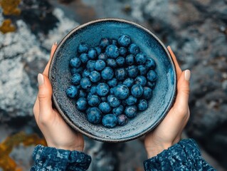 Woman hands holding a bowl of blueberries.
