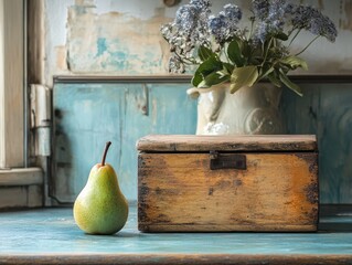 Pear in vintage kitchen, next to vase with flowers and wooden box.