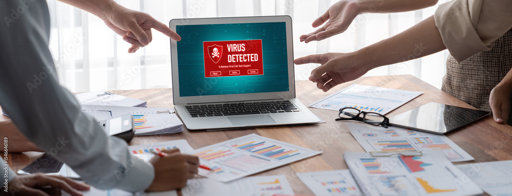 Poster Virus warning alert on computer screen detected brisk cyber threat , hacker, computer virus and malware