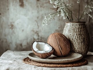 Coconut on the plate next to vase with flowers.
